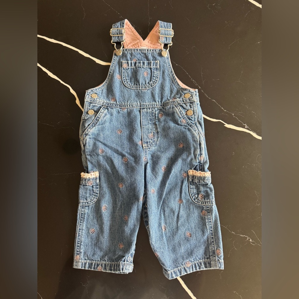 Denim Overalls with Pink Embroidered‎ Flowers
